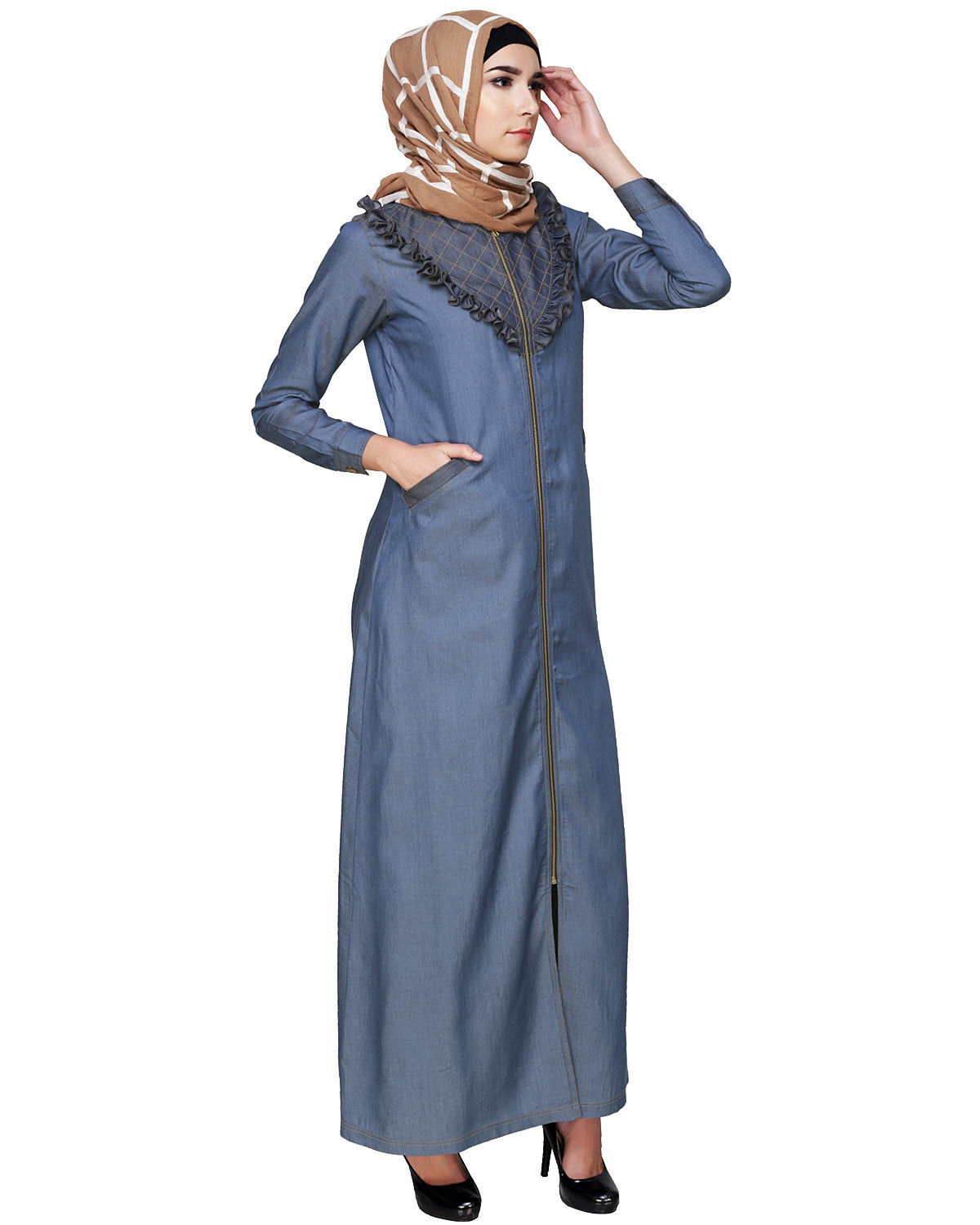 Denim Abaya with Ruffles Yoke Blue