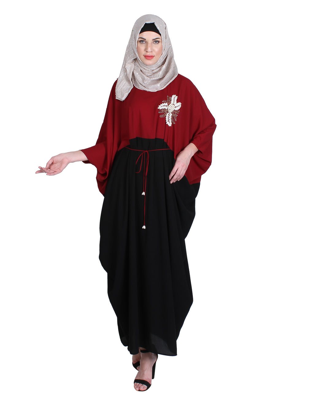 Pearl Embroidered Dark Green Kaftan Wine