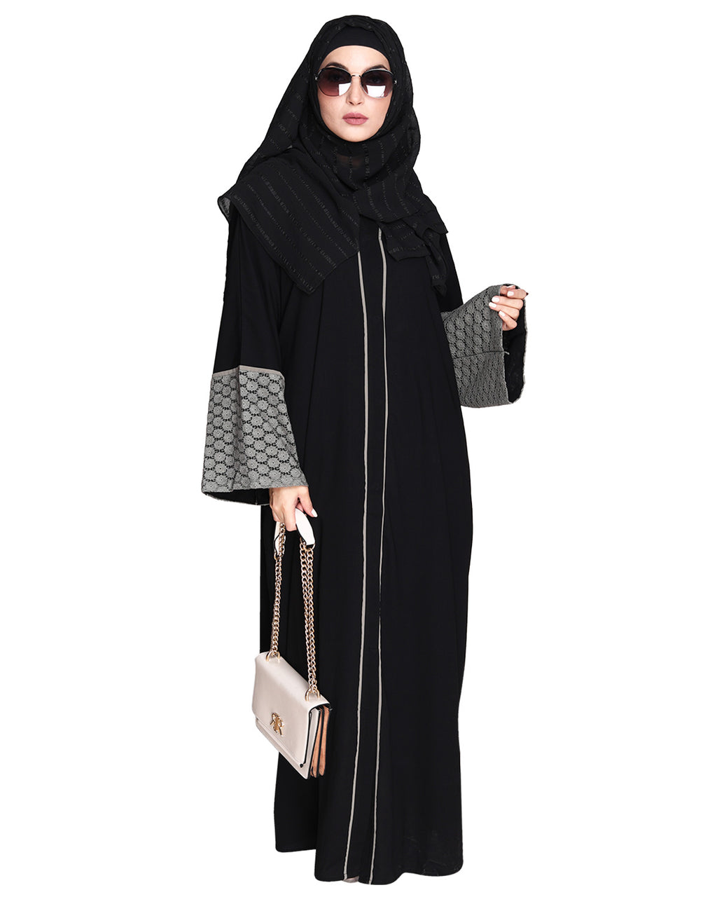Elegant Crochet Lace Dubai Style Abaya Black