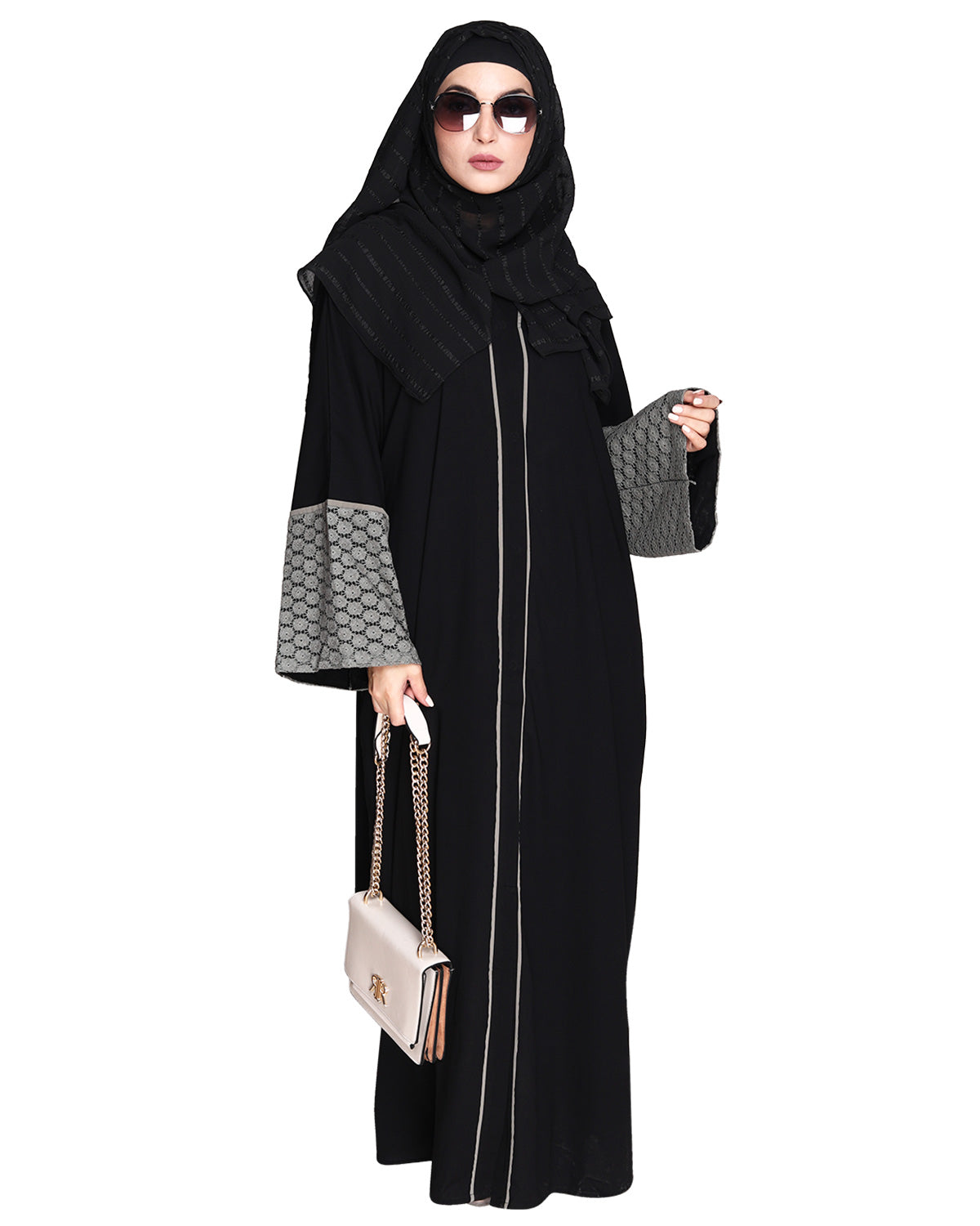 Elegant Crochet Lace Dubai Style Abaya Black