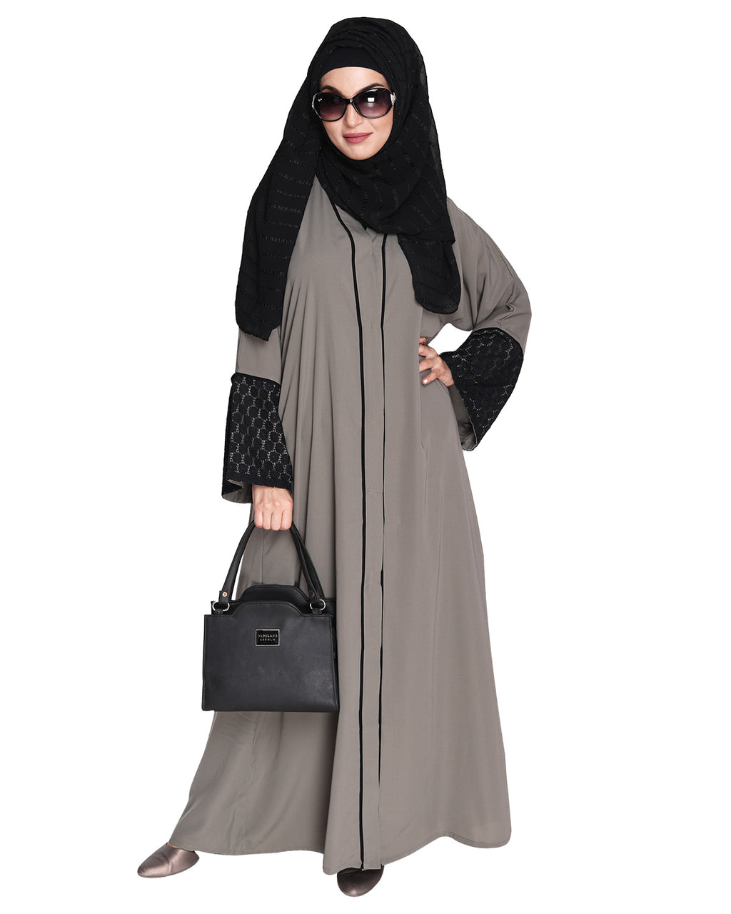 Elegant Crochet Lace Dubai Style Abaya Grey