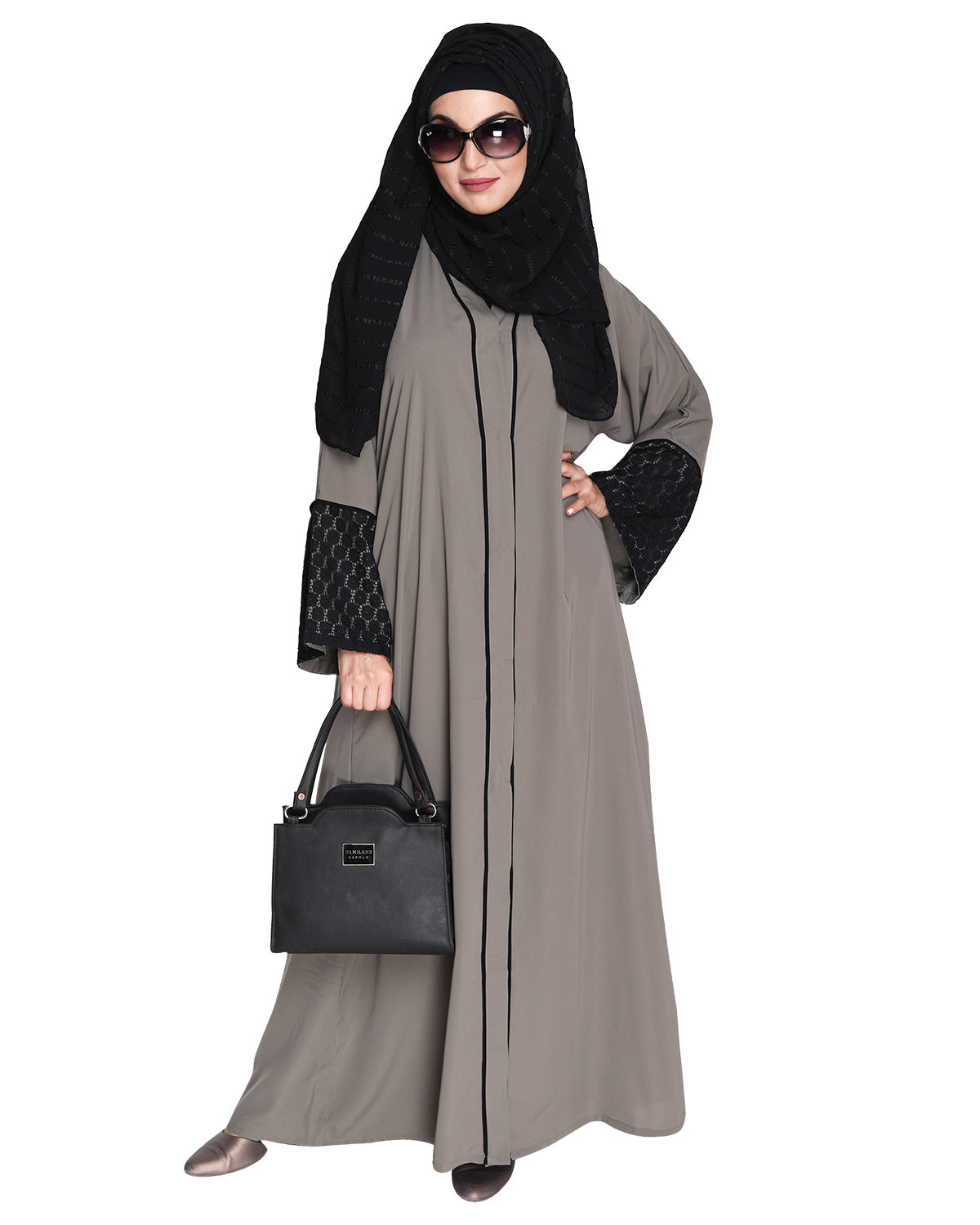 Elegant Crochet Lace Dubai Style Abaya Grey