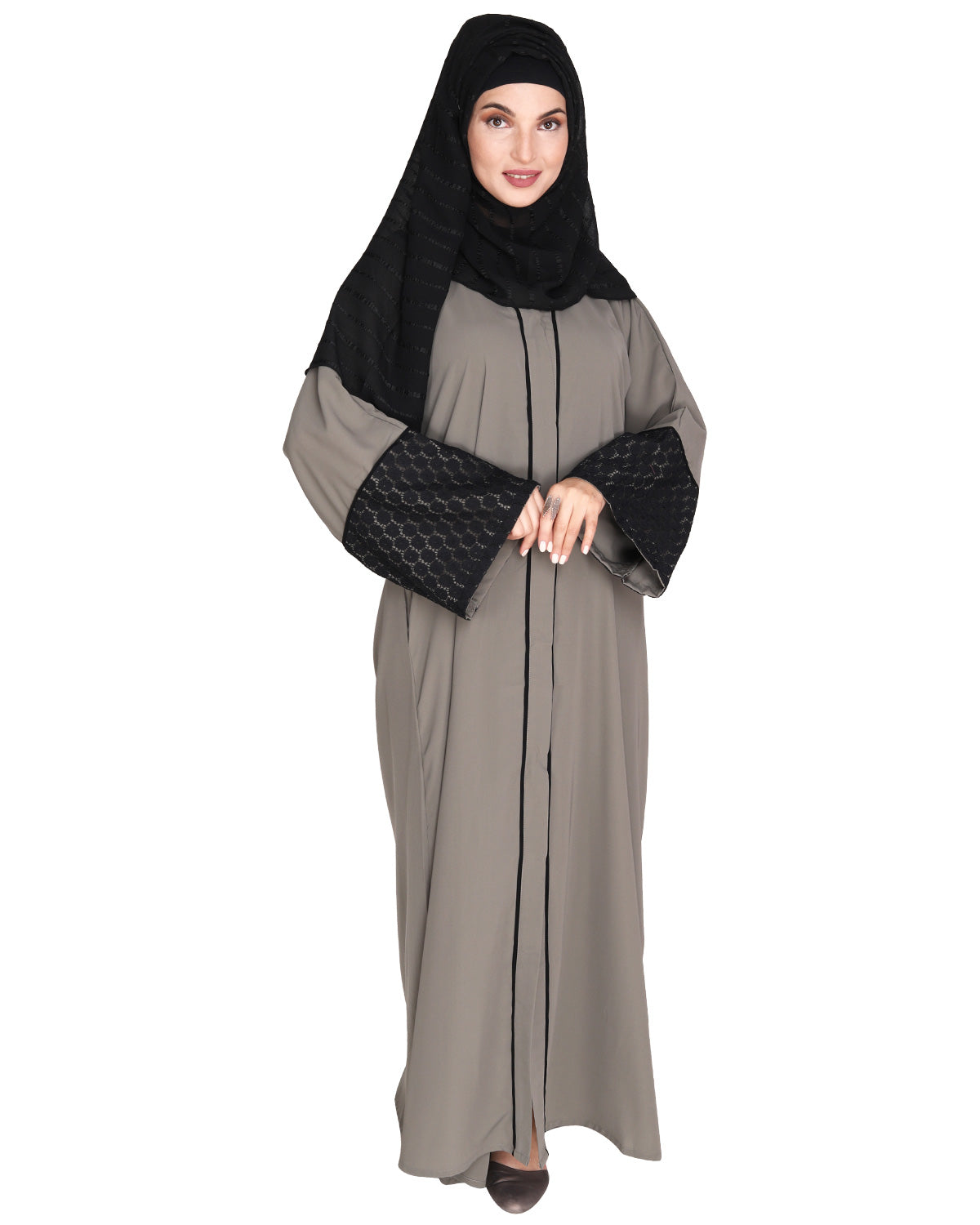 Elegant Crochet Lace Dubai Style Abaya Grey