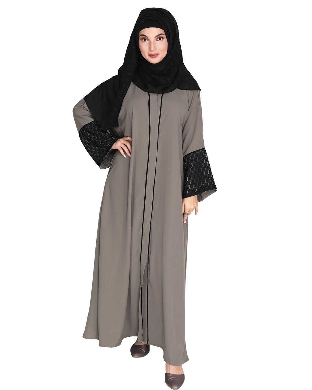 Elegant Crochet Lace Dubai Style Abaya Grey