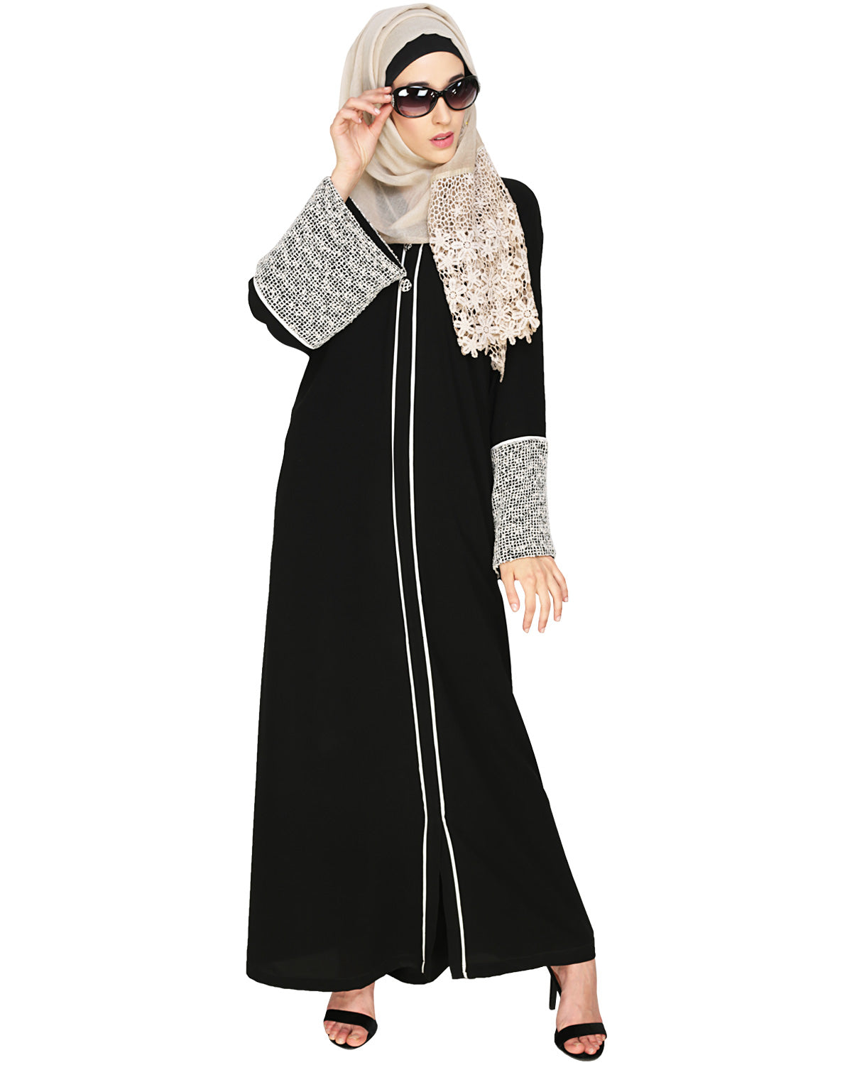Elegant Crochet Lace Dubai Style Abaya Black