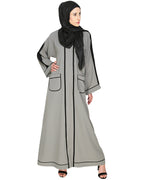 Pocket Dubai Style Abaya with Black detailing Grey