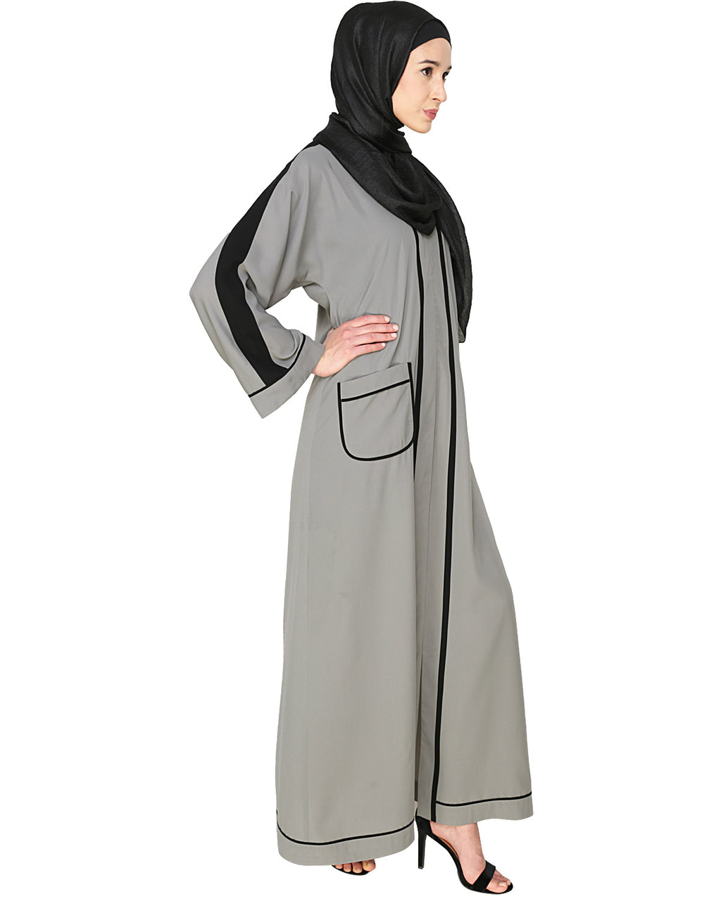 Pocket Dubai Style Abaya with Black detailing Grey