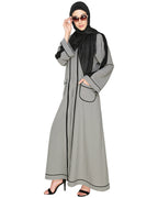 Pocket Dubai Style Abaya with Black detailing Grey