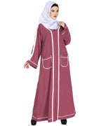 Pocket Dubai Style Abaya with Black detailing Onion Pink