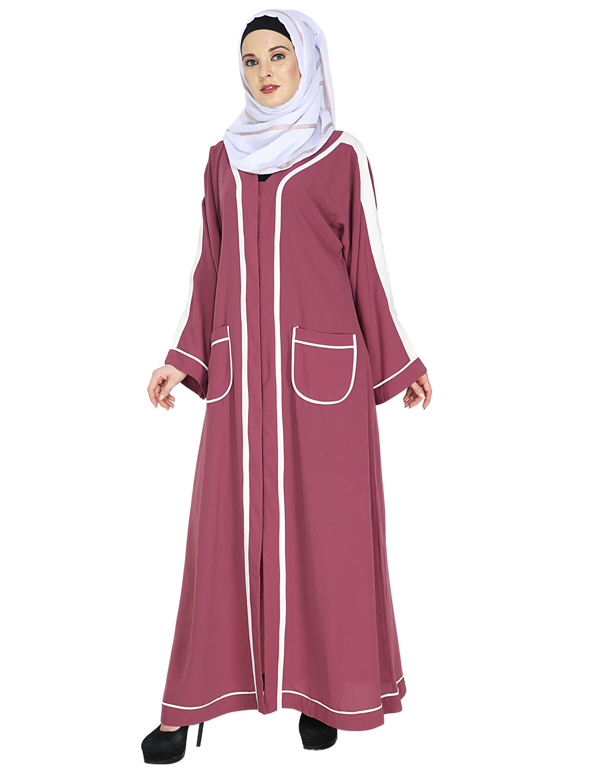 Pocket Dubai Style Abaya with Black detailing Onion Pink