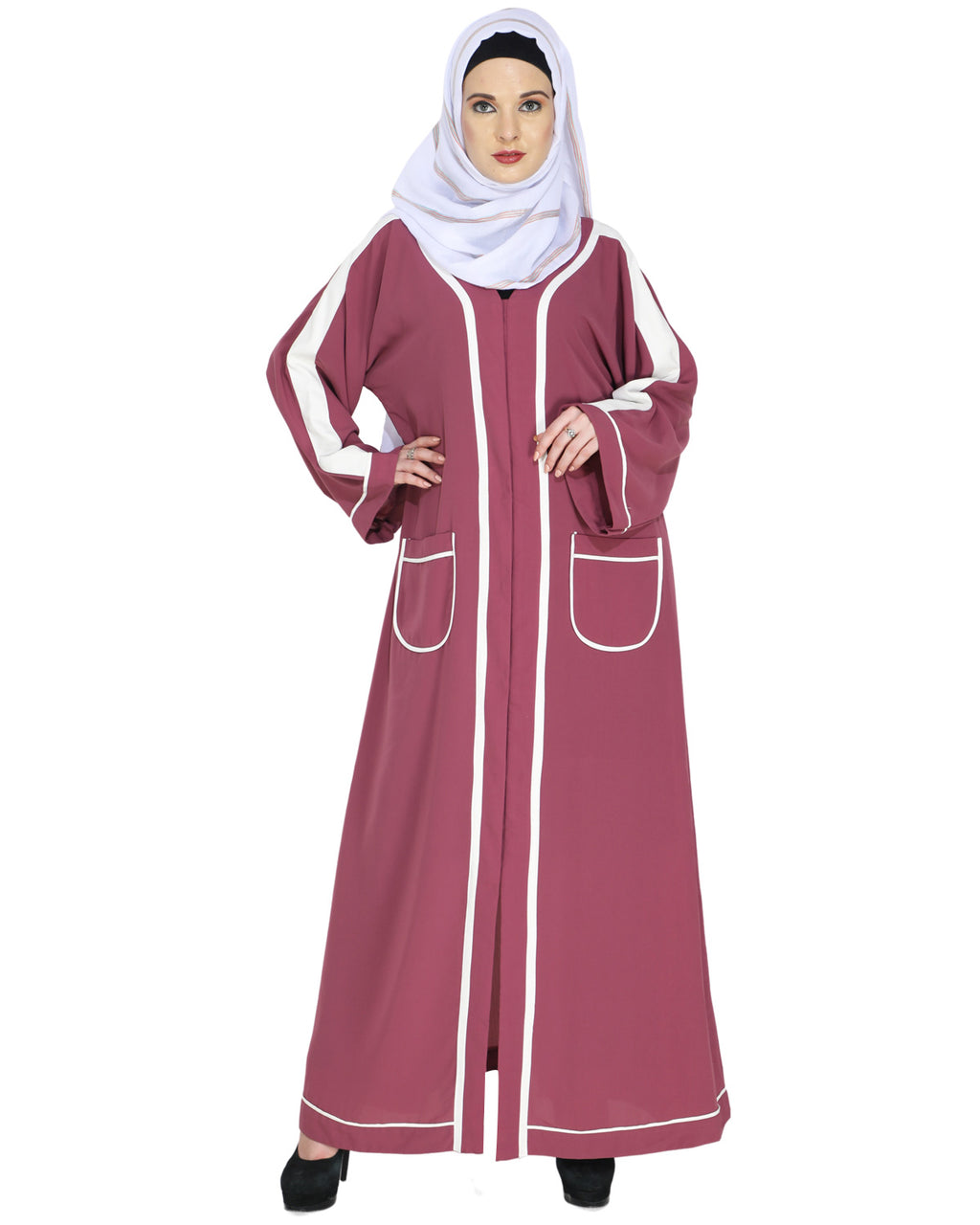 Pocket Dubai Style Abaya with Black detailing Onion Pink