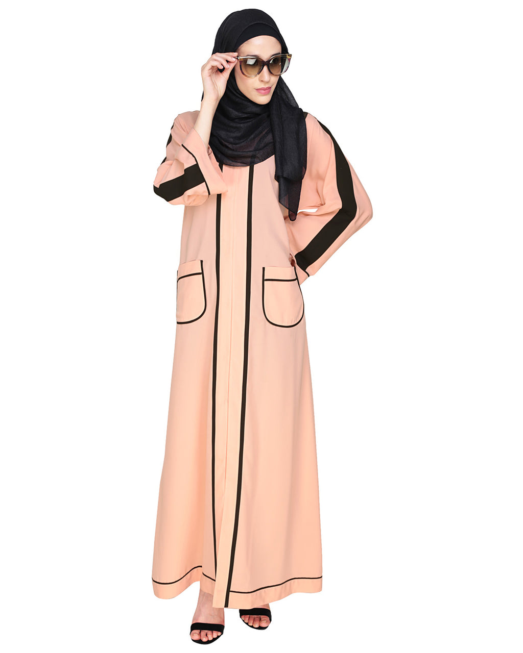 Pocket Dubai Style Abaya with Black detailing Peach