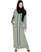Pocket Dubai Style Abaya with Black detailing Sage Green