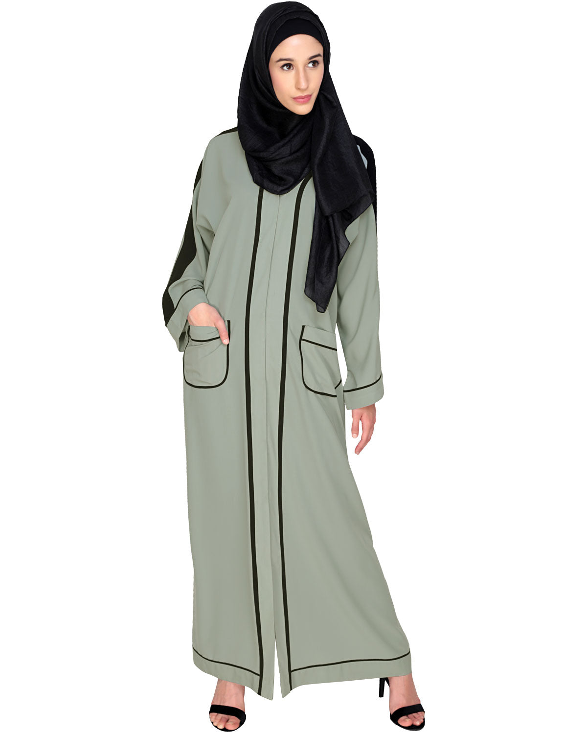 Pocket Dubai Style Abaya with Black detailing Sage Green