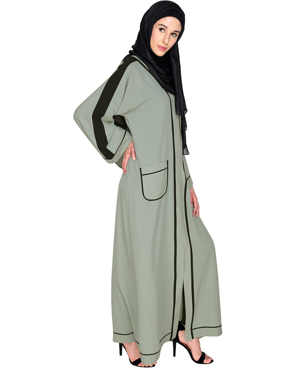 Pocket Dubai Style Abaya with Black detailing Sage Green