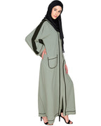 Pocket Dubai Style Abaya with Black detailing Sage Green