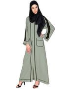 Pocket Dubai Style Abaya with Black detailing Sage Green