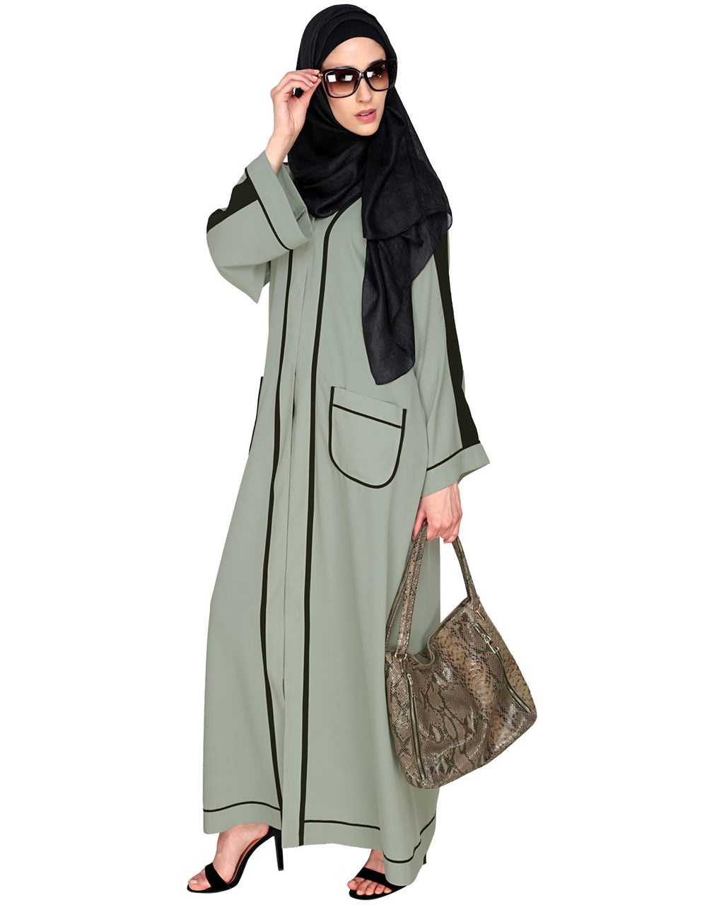 Pocket Dubai Style Abaya with Black detailing Sage Green