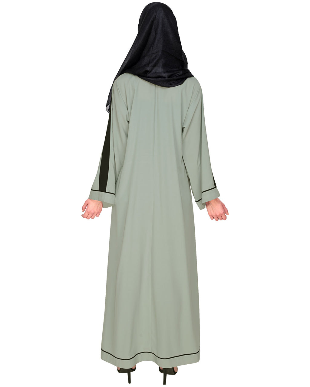 Pocket Dubai Style Abaya with Black detailing Sage Green