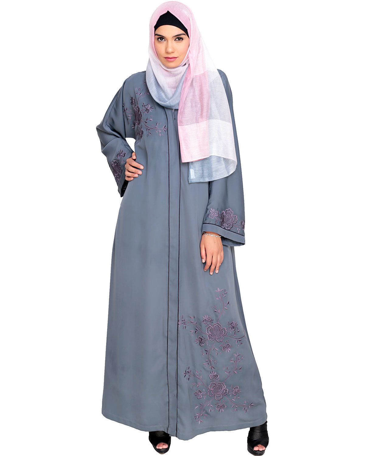 Botanical Embroidered Dubai Style Abaya Grey