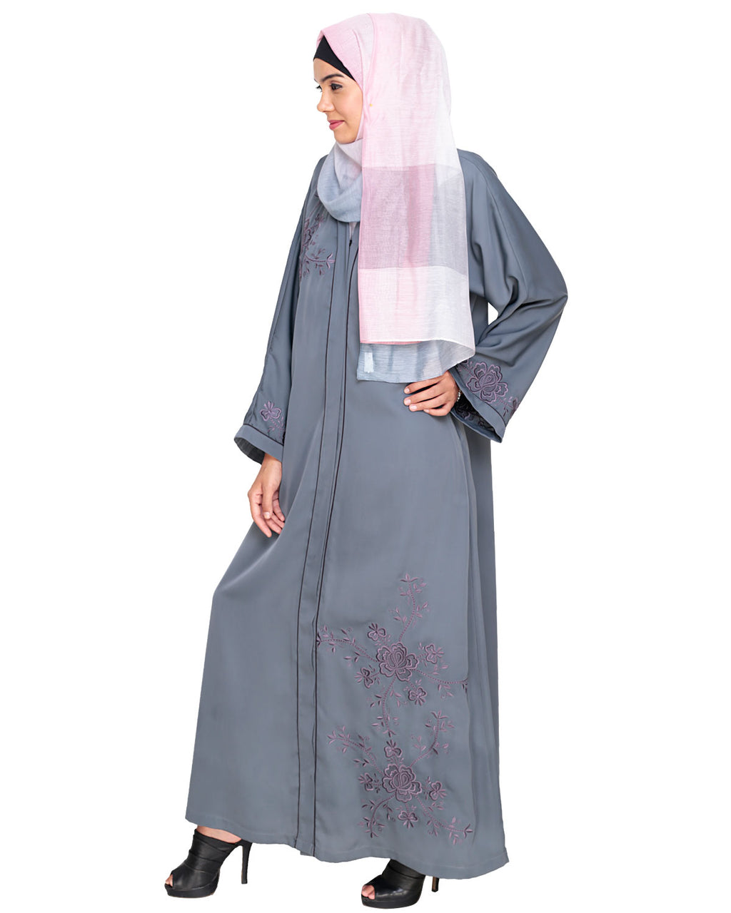 Botanical Embroidered Dubai Style Abaya Grey