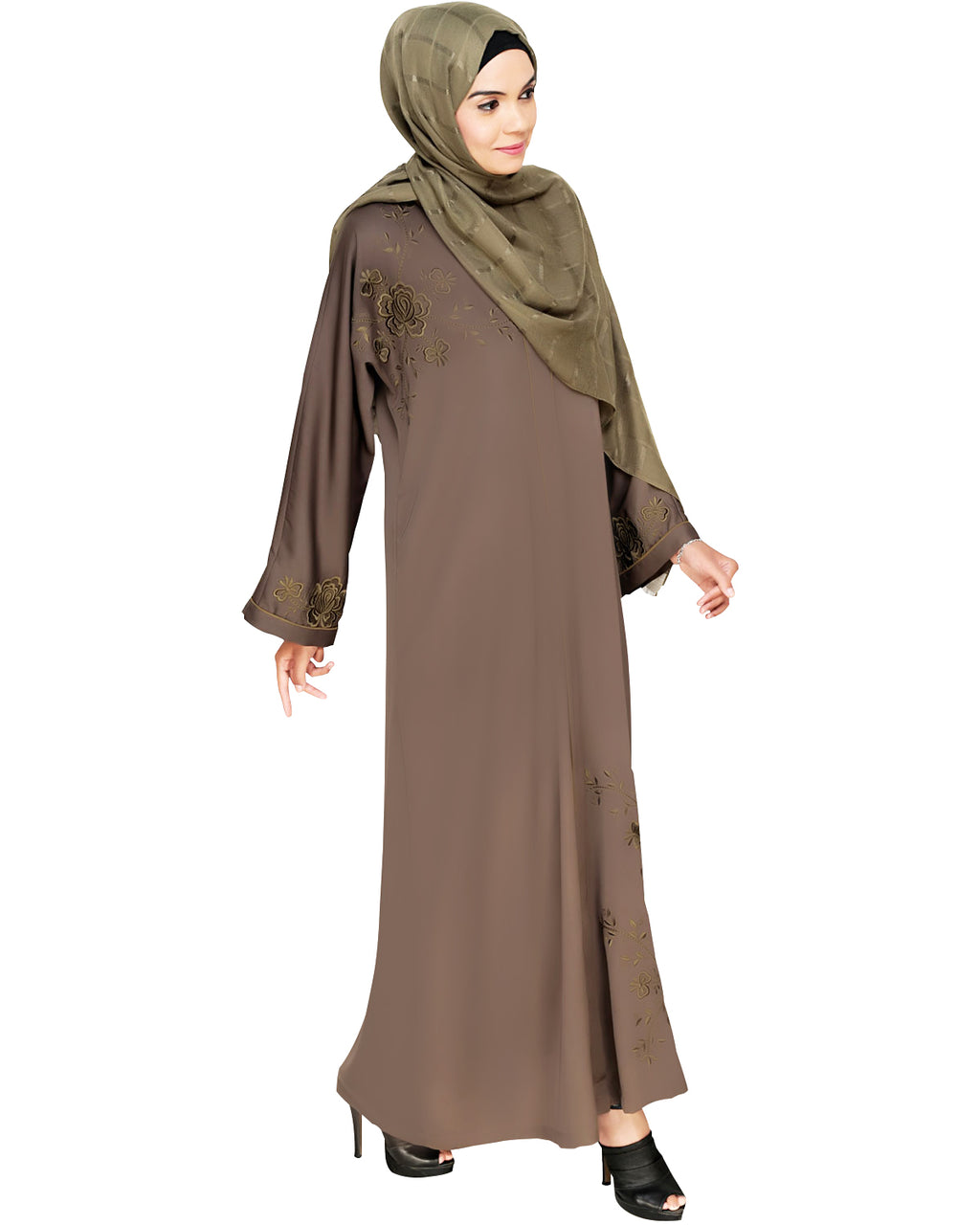 Botanical Embroidered Dubai Style Abaya Grey