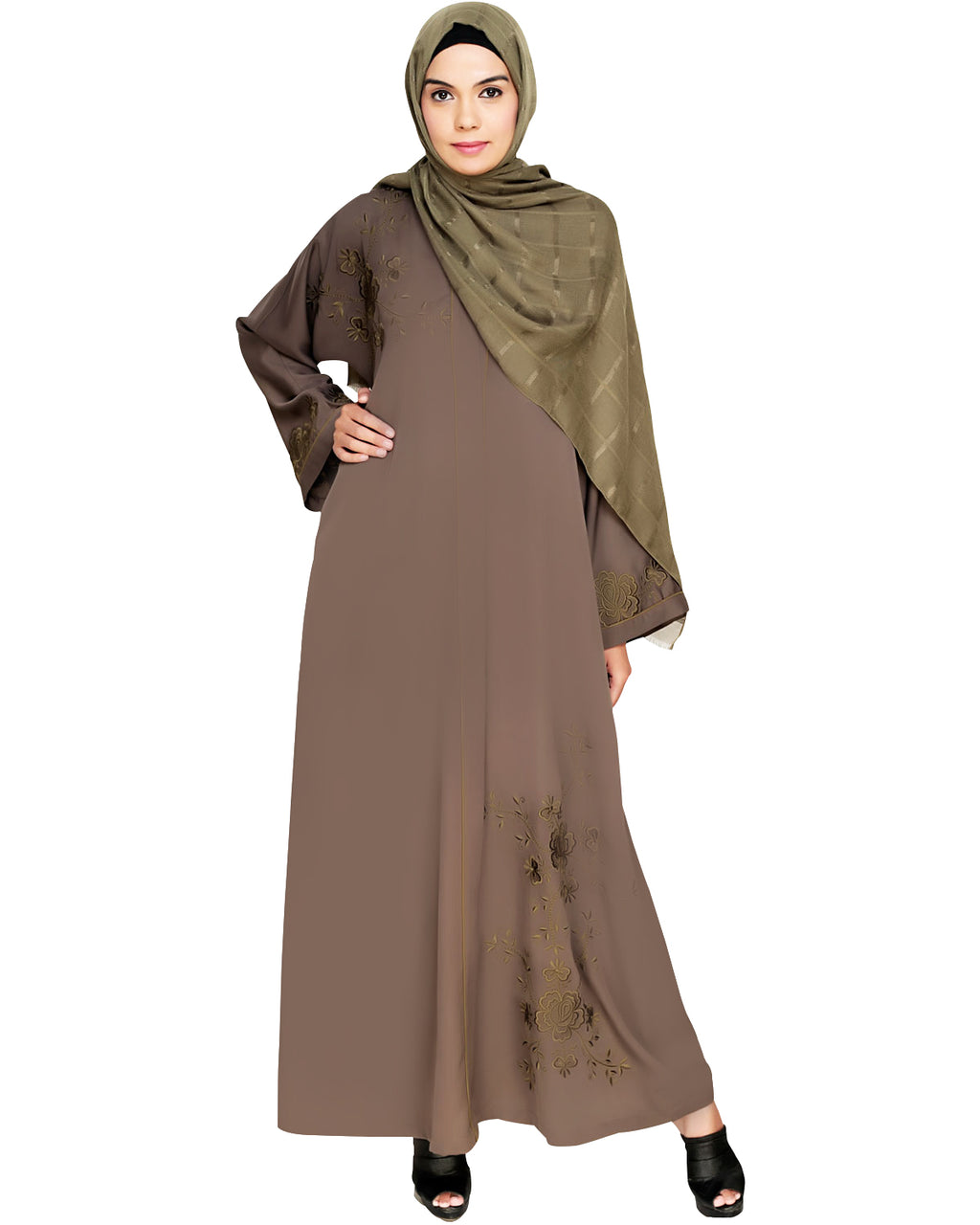 Botanical Embroidered Dubai Style Abaya Mud Brown