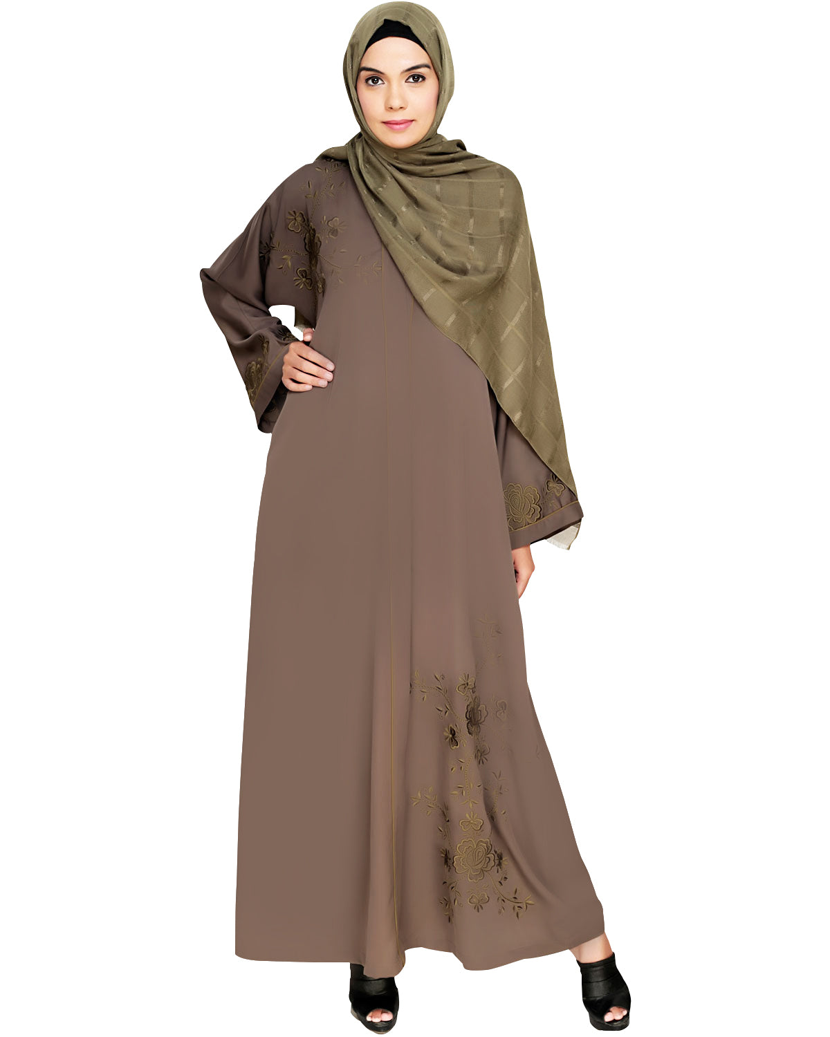 Botanical Embroidered Dubai Style Abaya Mud Brown