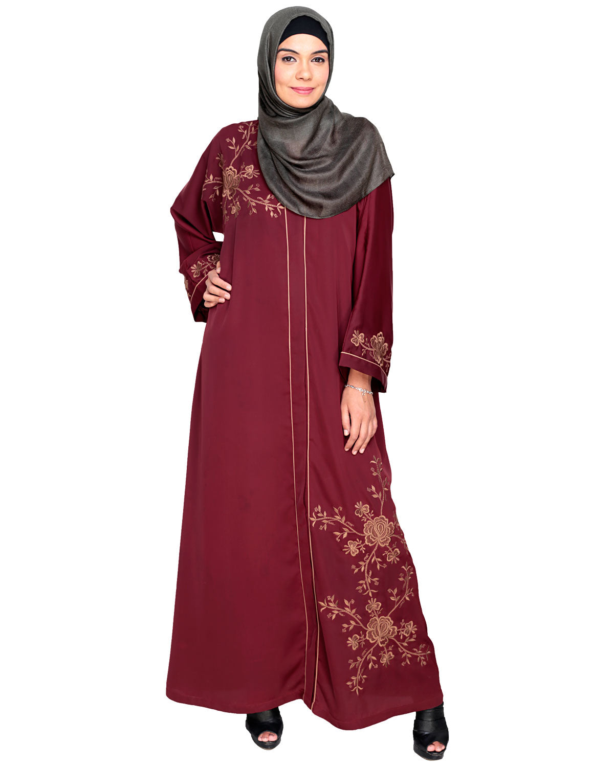 Botanical Embroidered Dubai Style Abaya Wine