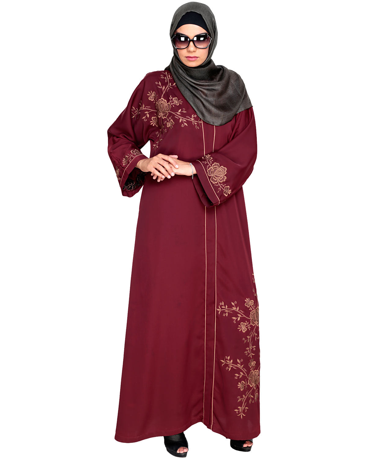 Botanical Embroidered Dubai Style Abaya Mud Brown