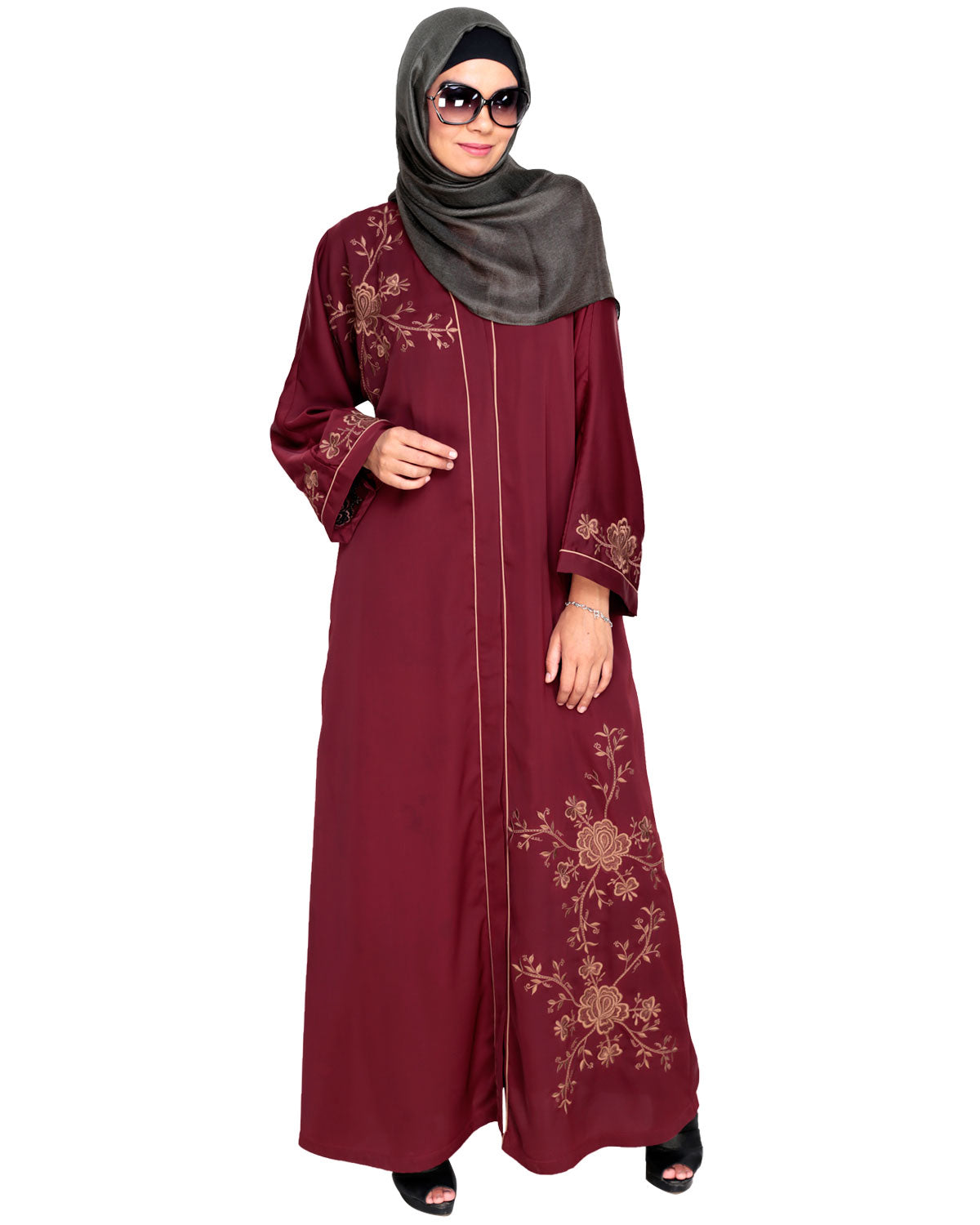 Botanical Embroidered Dubai Style Abaya Wine