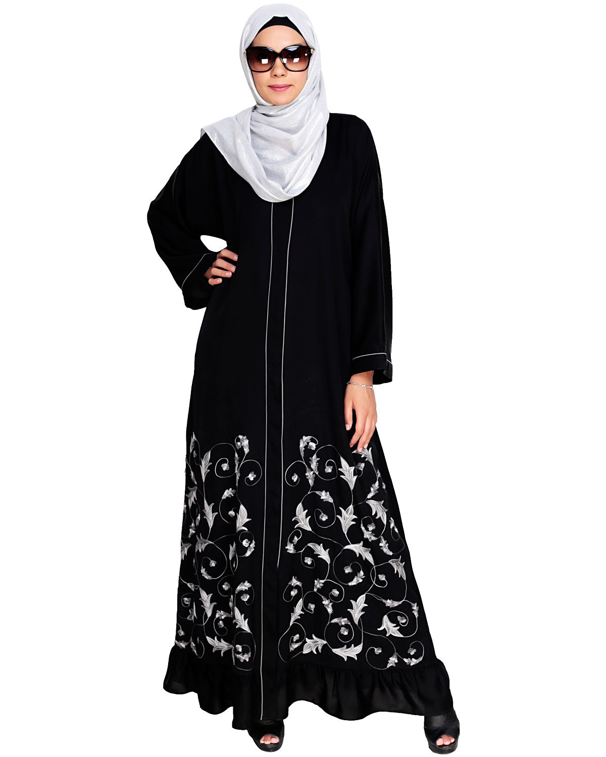 Magnificent Gathers Embroidered Dubai Style Abaya Black