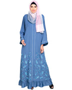 Magnificent Gathers Embroidered Dubai Style Abaya Blue