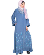 Magnificent Gathers Embroidered Dubai Style Abaya Blue