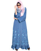 Magnificent Gathers Embroidered Dubai Style Abaya Blue