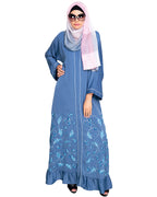 Magnificent Gathers Embroidered Dubai Style Abaya Blue