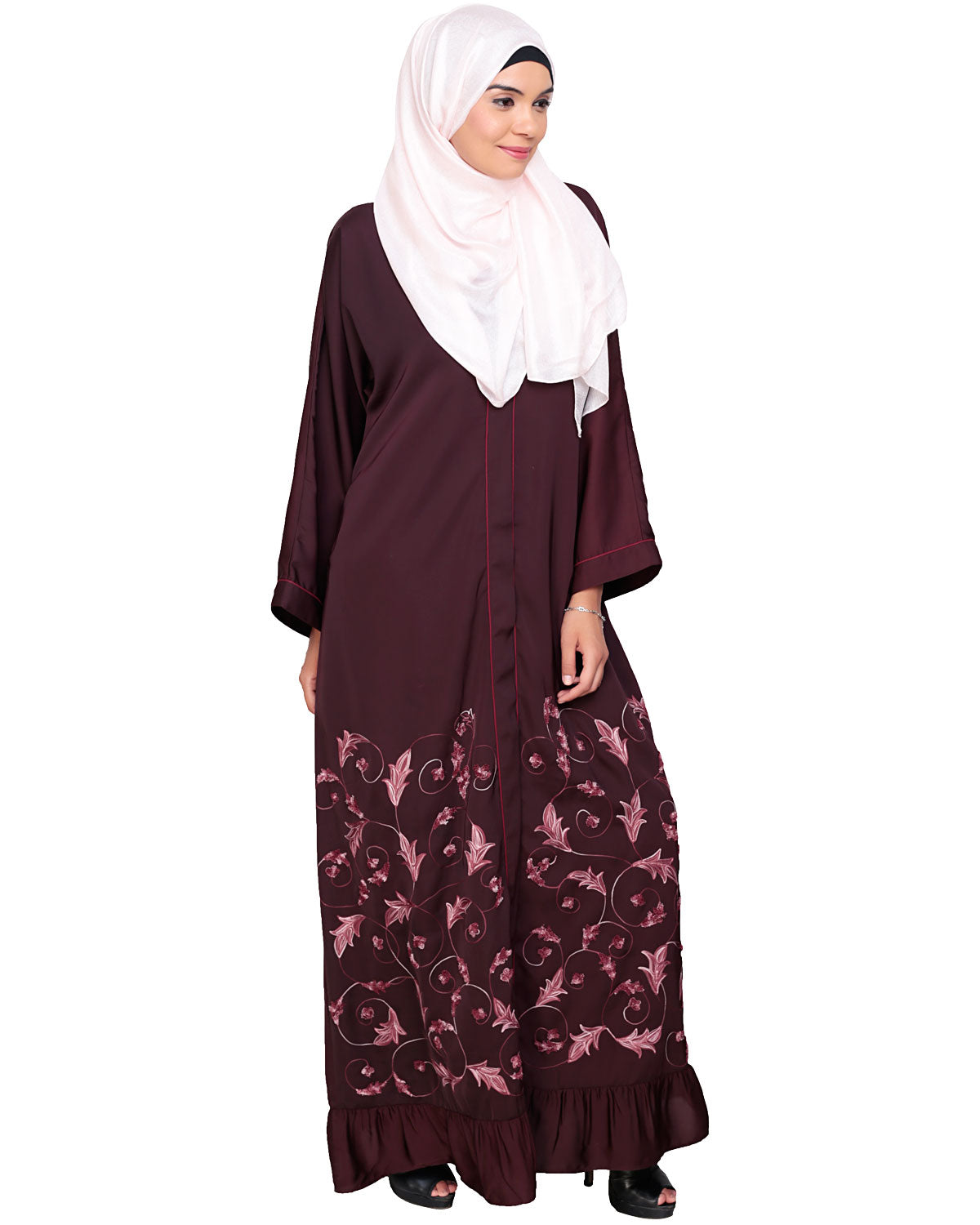 Magnificent Gathers Embroidered Dubai Style Abaya Deep Wine