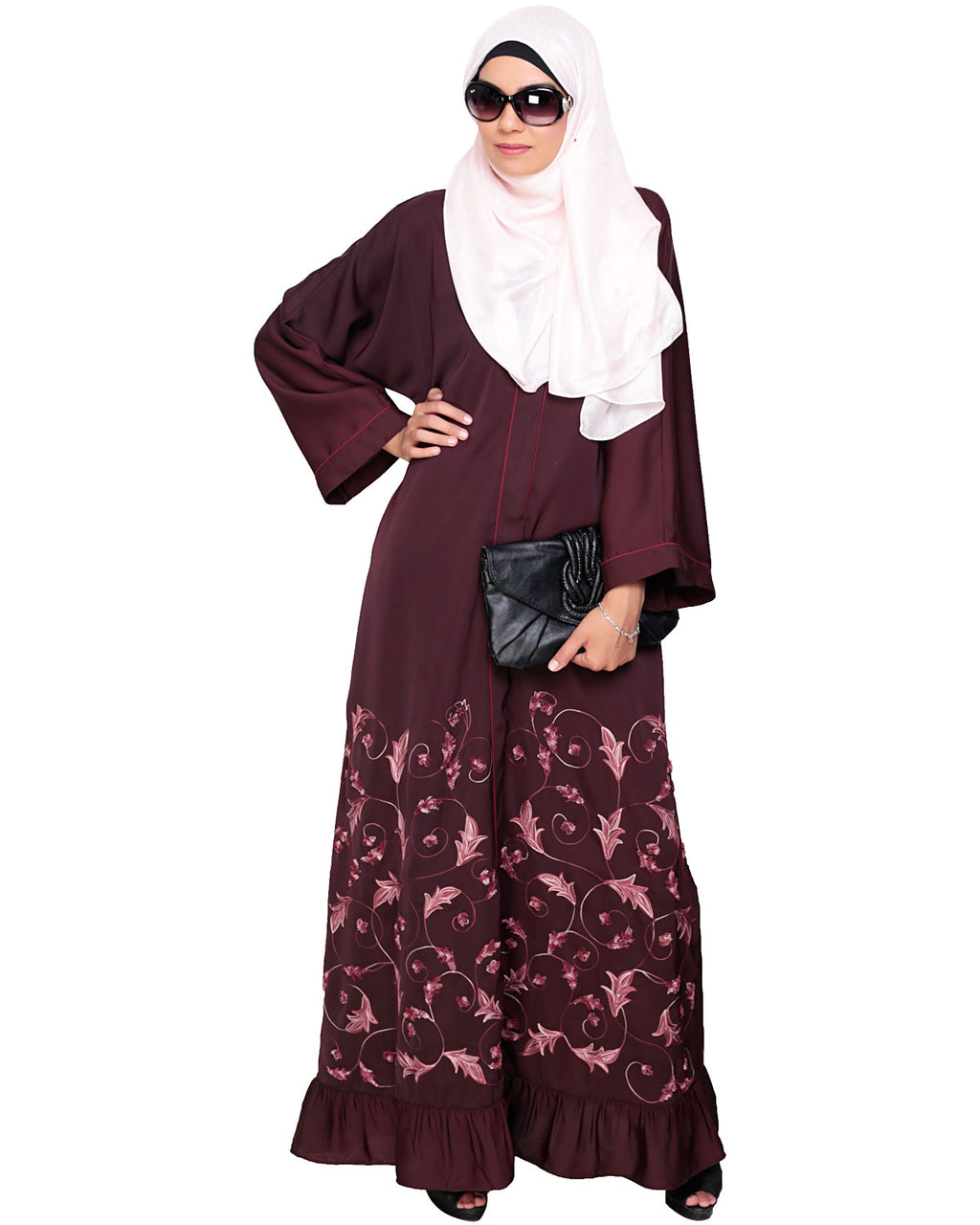 Magnificent Gathers Embroidered Dubai Style Abaya Deep Wine