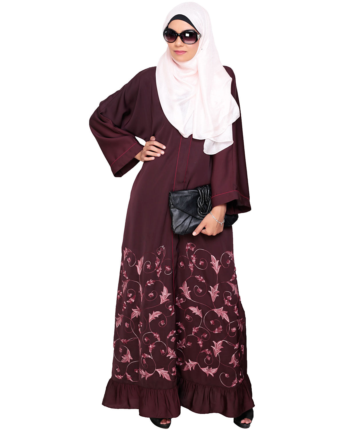Magnificent Gathers Embroidered Dubai Style Abaya Deep Wine