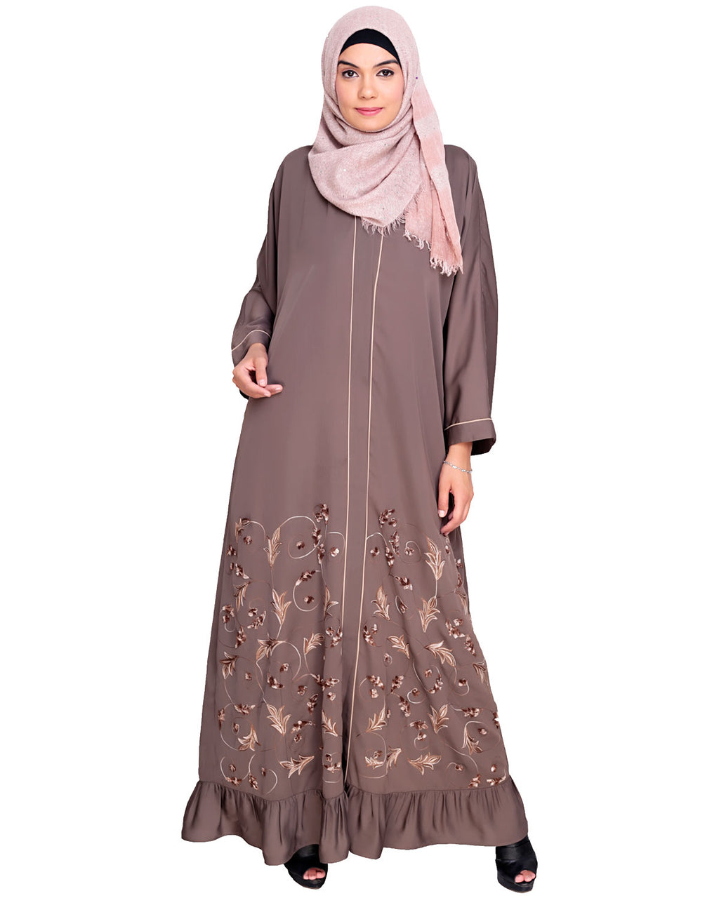 Magnificent Gathers Embroidered Dubai Style Abaya Grey