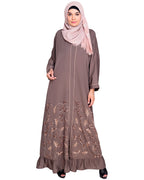 Magnificent Gathers Embroidered Dubai Style Abaya Grey