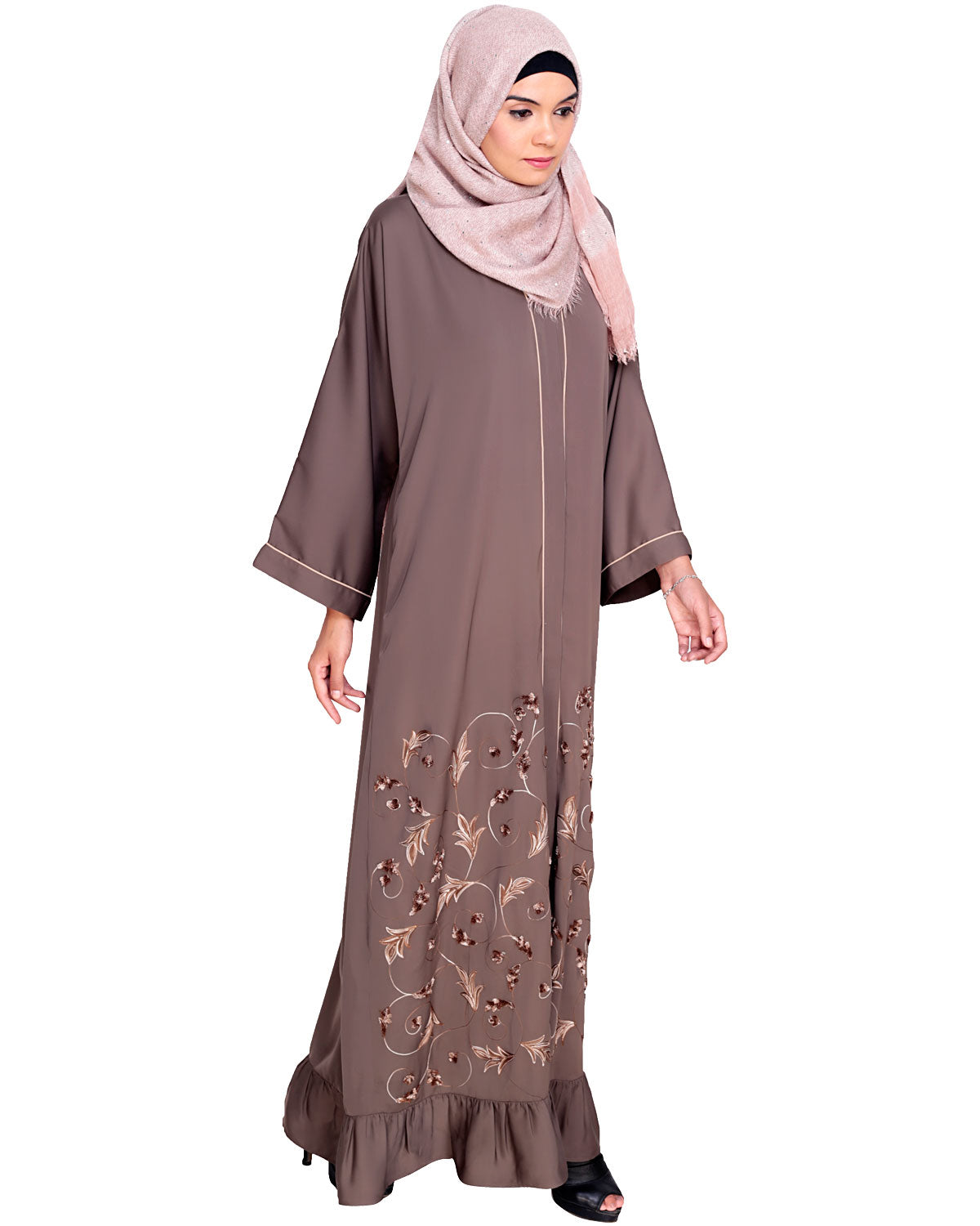 Magnificent Gathers Embroidered Dubai Style Abaya Grey