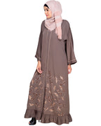 Magnificent Gathers Embroidered Dubai Style Abaya Grey