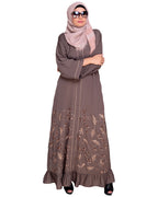 Magnificent Gathers Embroidered Dubai Style Abaya Grey