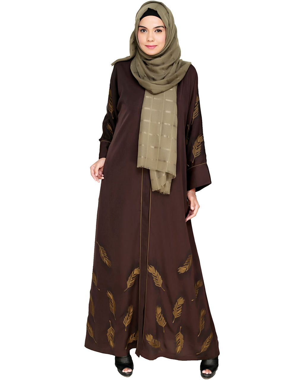 Feather Embroidered Dubai Style Dark brown Abaya Brown