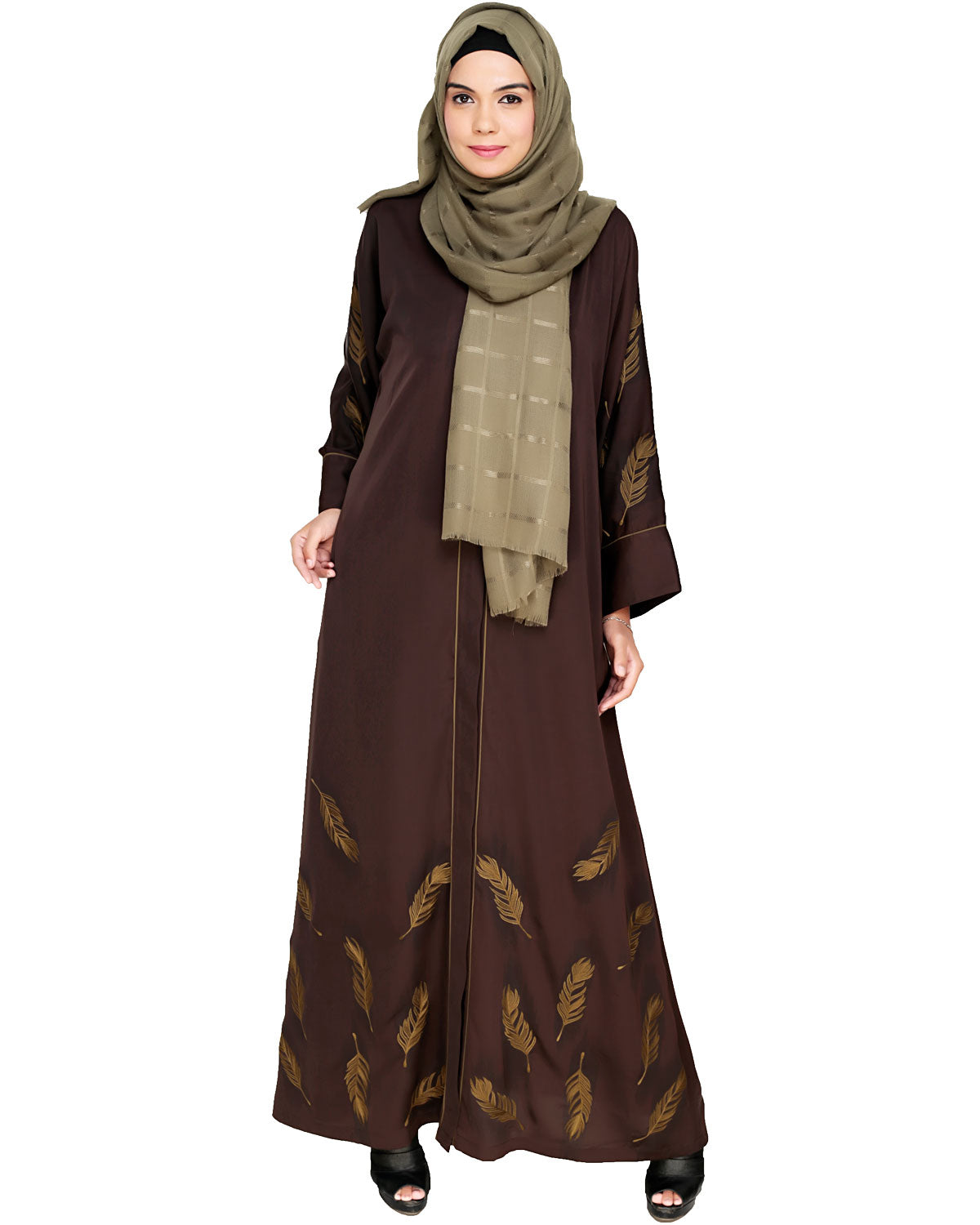 Feather Embroidered Dubai Style Dark brown Abaya Brown