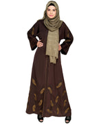 Feather Embroidered Dubai Style Dark brown Abaya Brown