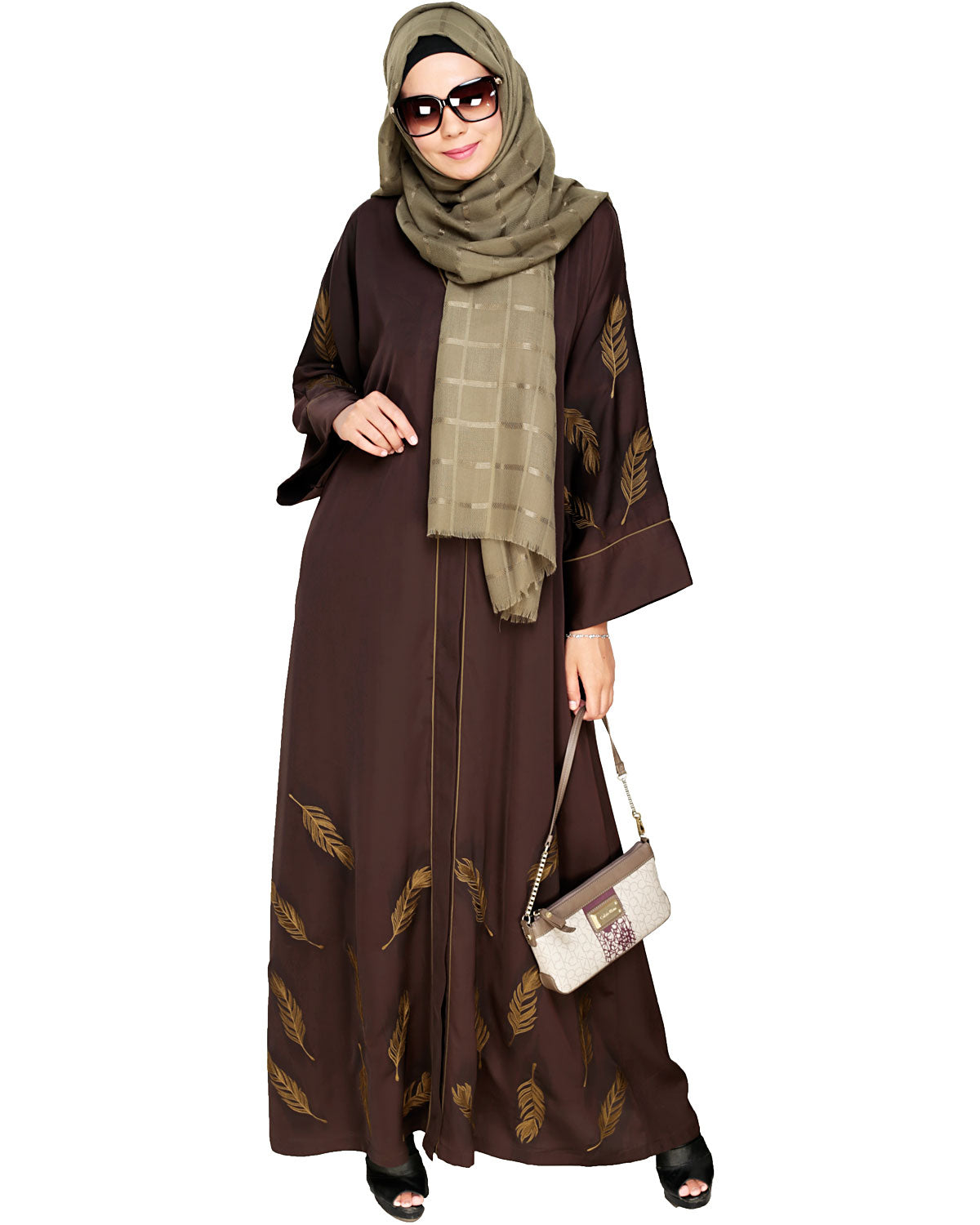 Feather Embroidered Dubai Style Dark brown Abaya Brown