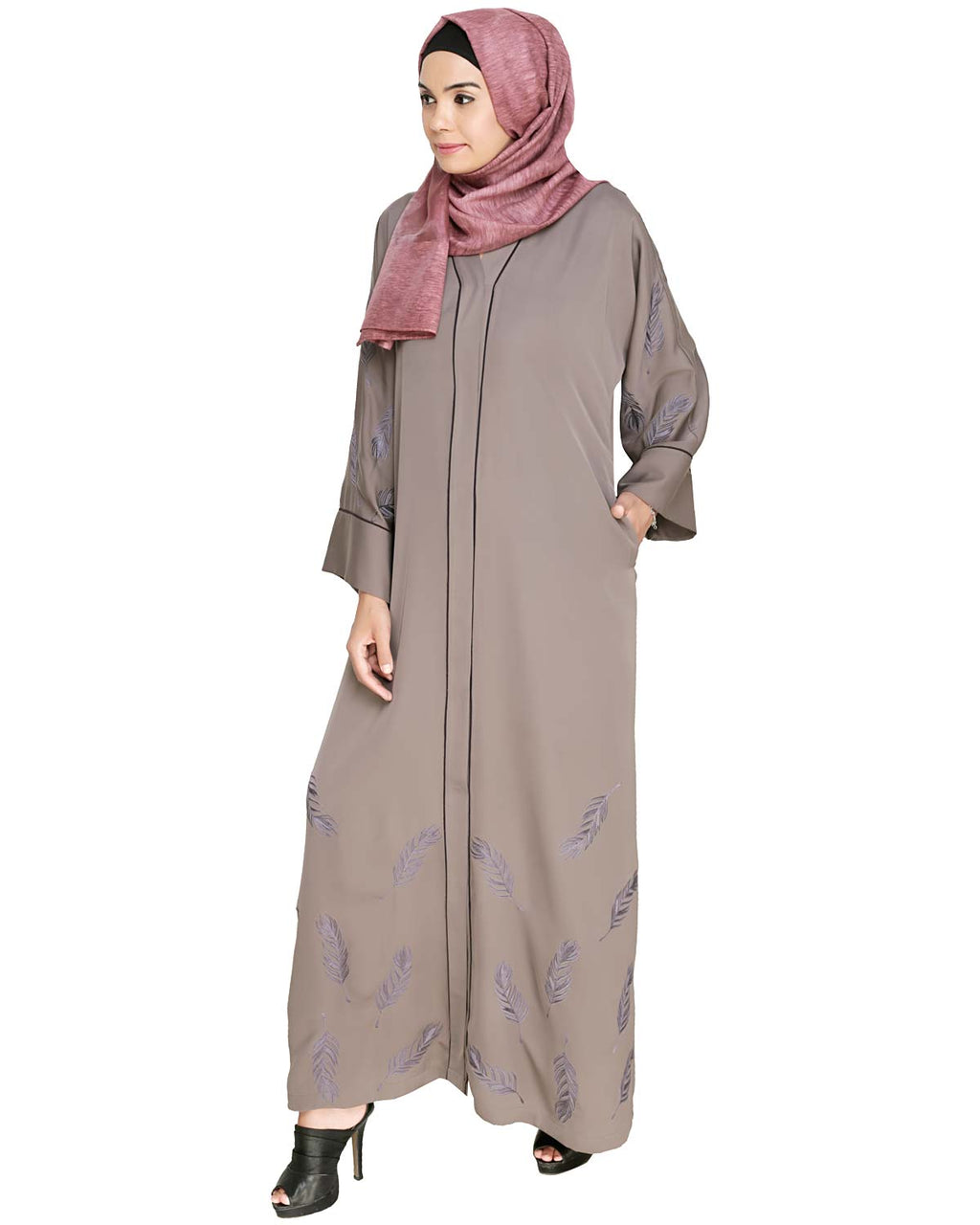 Feather Embroidered Dubai Style Light brown Abaya Brown