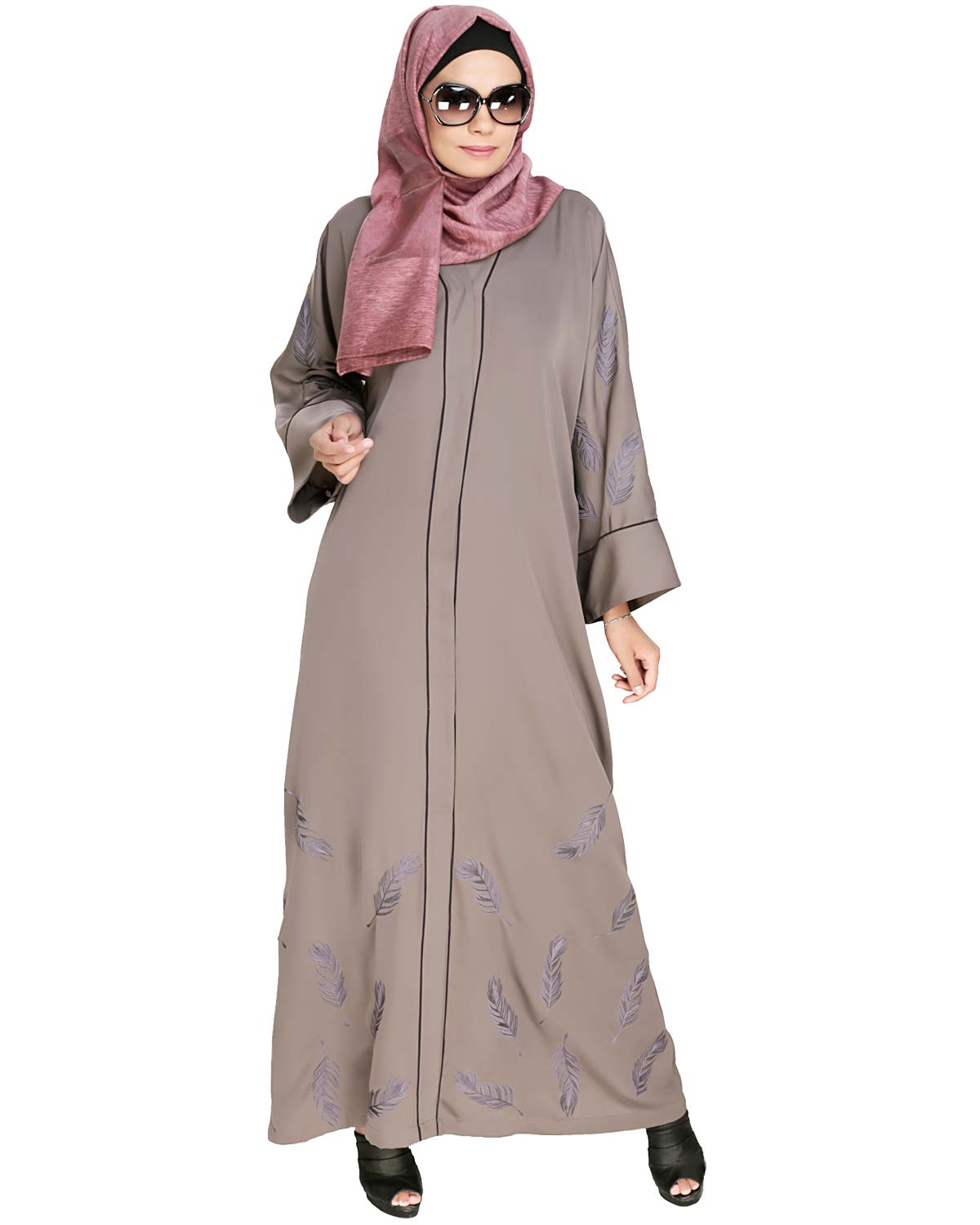 Feather Embroidered Dubai Style Light brown Abaya Brown